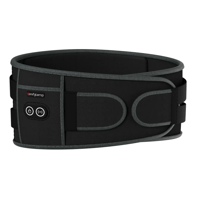 Black heated waist belt with digital display and red logo isolated on a white background.