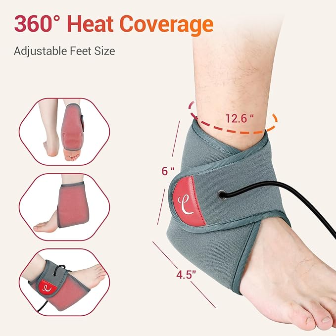 Comfytemp Ankle Heating Pad for Achilles Tendonitis, USB Wearable Heating Pad for Feet with 3 Heat and Time Settings, Electric Heated Ankle Wrap for Sprained Ankle, Heel Pain Relief, Plantar Fasciitis