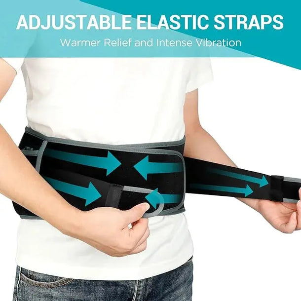 A person tightening the adjustable elastic straps of a black back support belt with blue arrows.