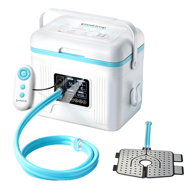 Comfytemp portable cold therapy machine with a digital display, remote control, and hose attachment.