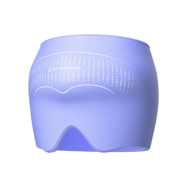 A purple Comfytemp wearable gel cap for headache and migraine relief.