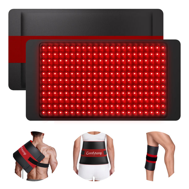 Comfytemp red light therapy mat shown with examples of use on the back, waist, and leg.
