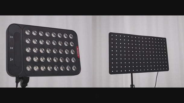 Black LED panel light, front and back views, featuring a grid of lenses and square heat sink pattern.