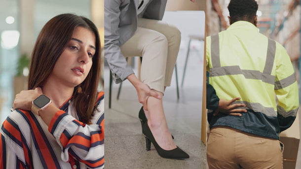Three people experiencing body pain: a woman holding her neck, an office worker rubbing her ankle