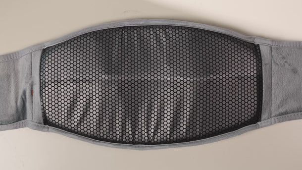 Gray waist support belt with black honeycomb mesh back panel and adjustable fabric straps.