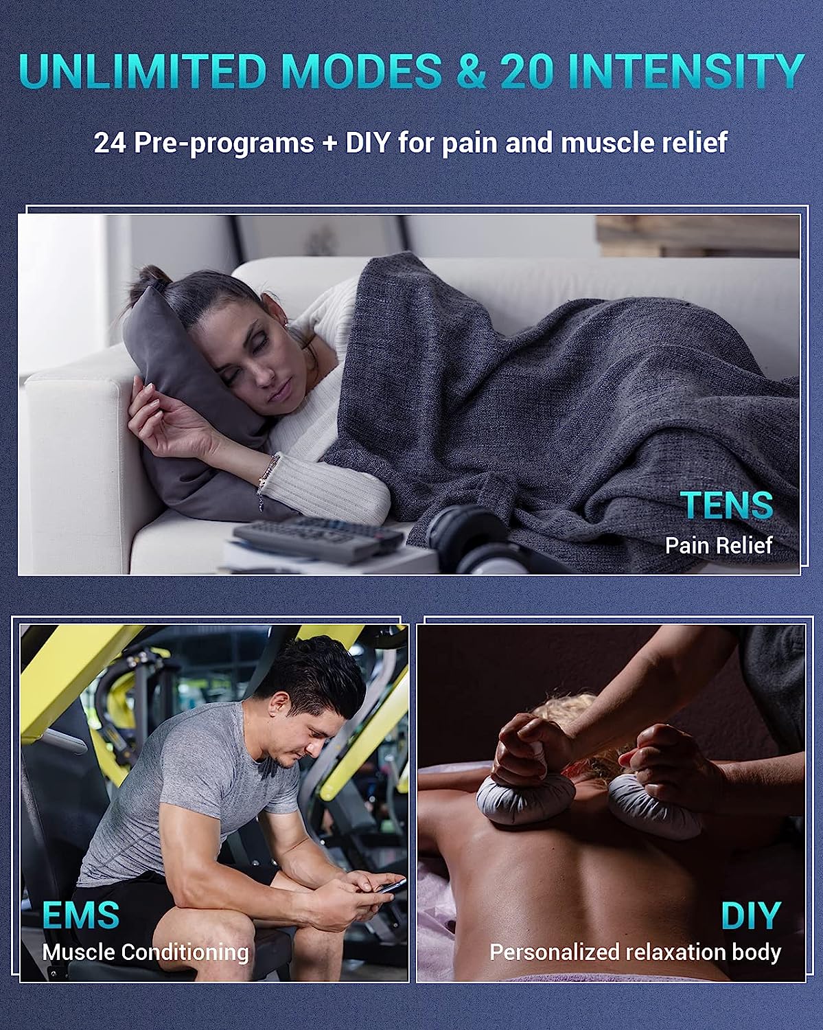  TENKER EMS TENS Unit Muscle Stimulator, 24 Modes Dual Channel  Electronic Pulse Massager for Pain Relief/Management & Muscle Strength  Rechargeable TENS Machine with 8 Pcs Electrode Pads : Health & Household